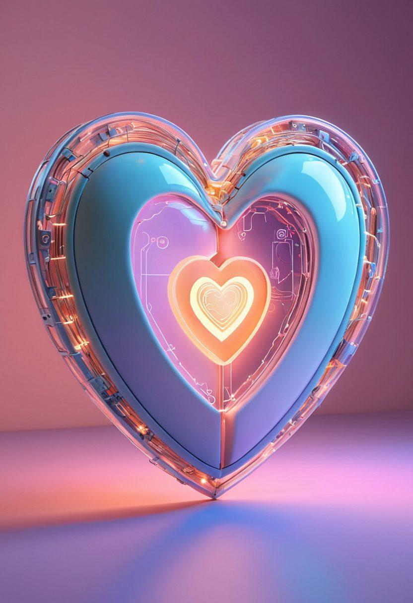 A serene digital landscape illustrating two connected hearts surrounded by a protective shield made of glowing circuitry. Soft pastel colors create a warm atmosphere, symbolizing trust and emotional safety. Incorporate elements like chat bubbles and lock icons to represent online connections, with gentle rays of light shining down, enhancing the sense of security. super-realistic. vibrant colors.