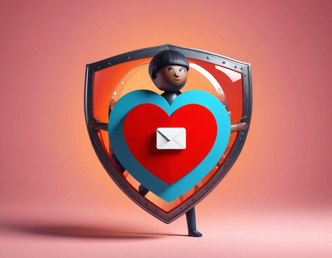 A serene yet dynamic representation of a person balancing love and privacy, surrounded by digital elements like emails, social media icons, and locks. The figure is holding a heart in one hand and a shield in the other, symbolizing affection and protection. The background features a blend of warm and cool colors, creating a comforting yet modern atmosphere. Incorporate soft glowing effects around the digital elements to convey a sense of connectivity. vibrant colors. super-realistic.